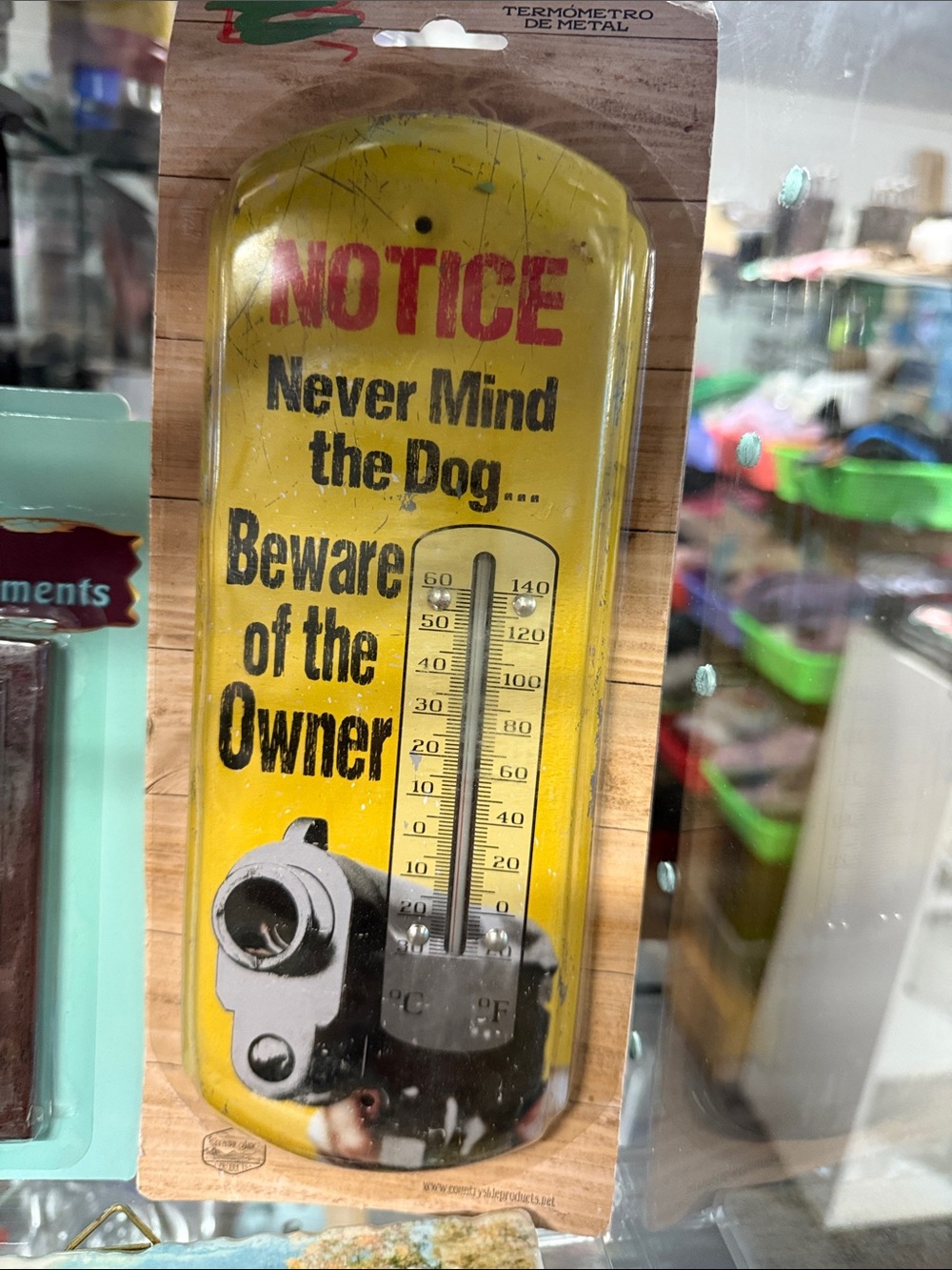 NOTICE Beware of the Owner Yellow Metal Thermometer